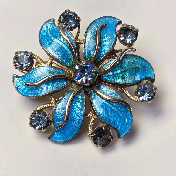 Vintage Blue Enamel Rhinestone Flower Brooch Pin Mid Century Guilloche Style - Picture 3 of 11